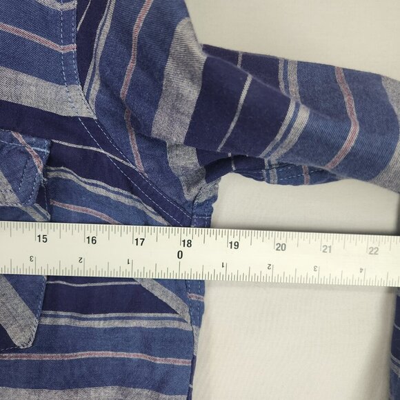 Columbia Button up Hooded Shirt Women's S Blue Stripe Roll Tab Long Sleeve - Picture 4 of 7